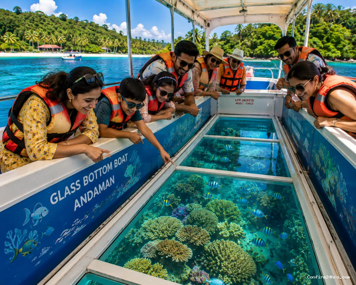 Glass bottom boat ride in Andaman with coral reef view