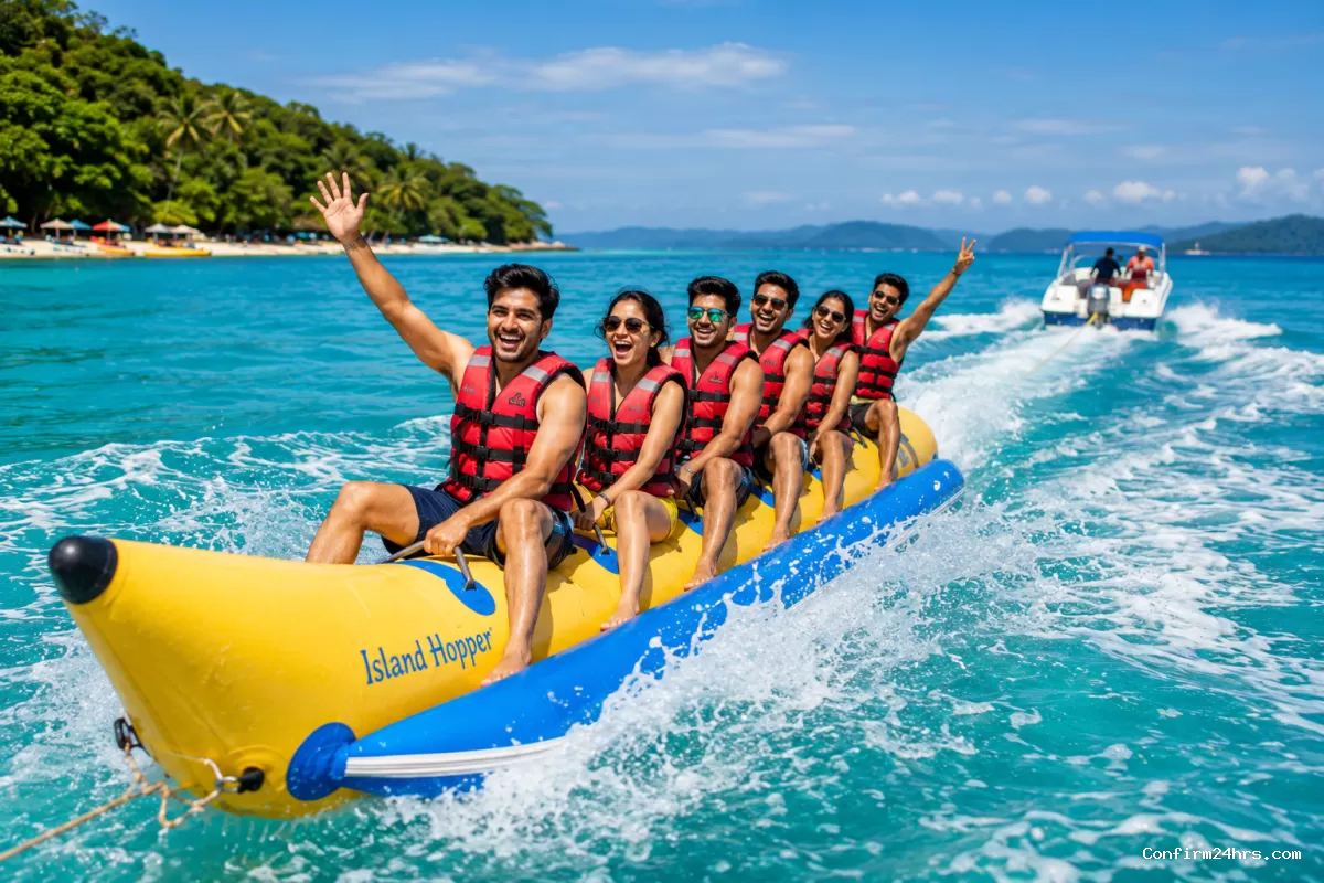 Banana boat ride in Andaman with tourists enjoying water sports